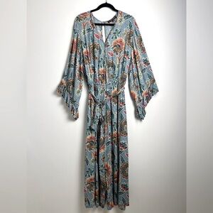 Pyramid Collection‎ 1X Bohemian Blue Floral Print Long Ruffle Sleeve Jumpsuit